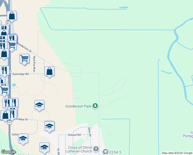 map of restaurants, bars, coffee shops, grocery stores, and more near 624 Grove Street in Portage