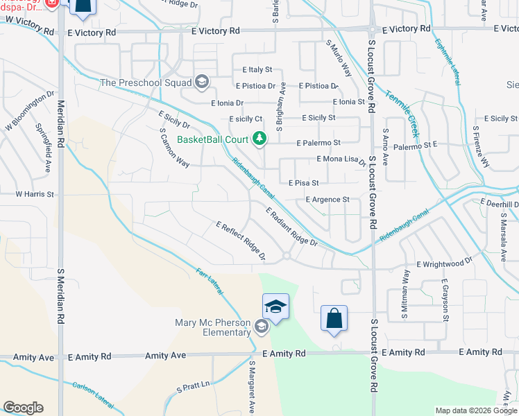 map of restaurants, bars, coffee shops, grocery stores, and more near 1004 East Wrightwood Drive in Meridian