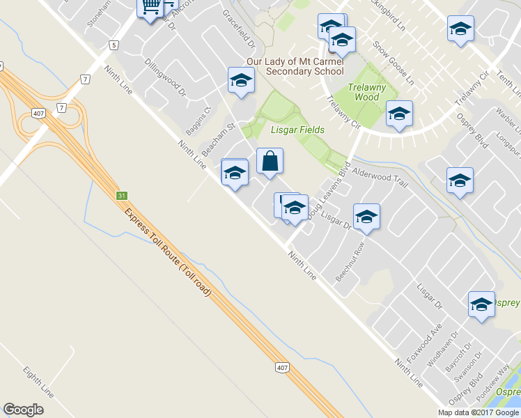 map of restaurants, bars, coffee shops, grocery stores, and more near 3653 Indigo Crescent in Mississauga