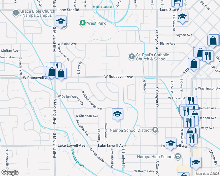 map of restaurants, bars, coffee shops, grocery stores, and more near 127 South Beechwood Drive in Nampa