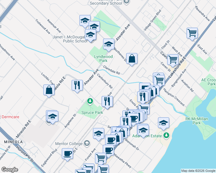 map of restaurants, bars, coffee shops, grocery stores, and more near in Mississauga