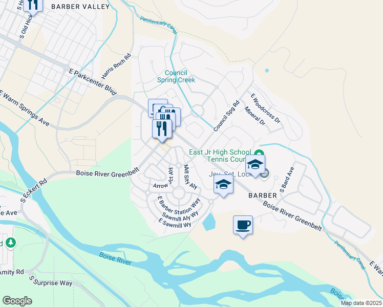 map of restaurants, bars, coffee shops, grocery stores, and more near 3831 South Council Spring Road in Boise