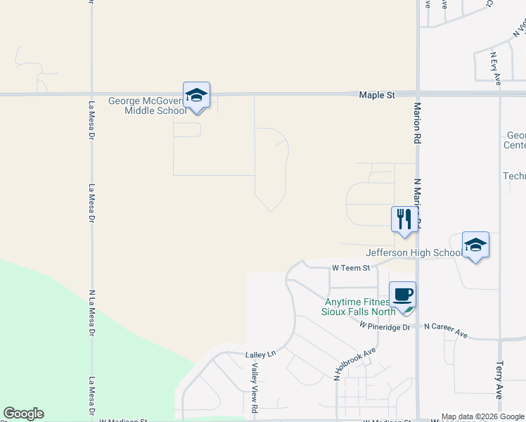 map of restaurants, bars, coffee shops, grocery stores, and more near 1643 Lalley Lane in Sioux Falls