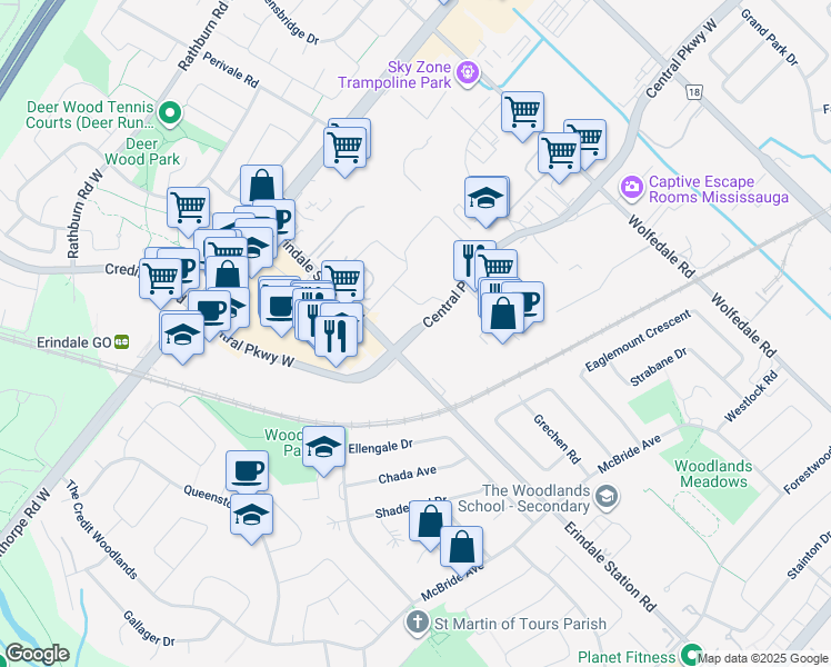 map of restaurants, bars, coffee shops, grocery stores, and more near 1000 Central Parkway West in Mississauga