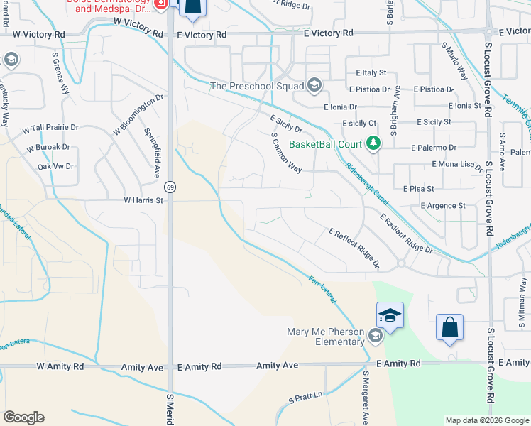 map of restaurants, bars, coffee shops, grocery stores, and more near 485 East Radiant Ridge Street in Meridian