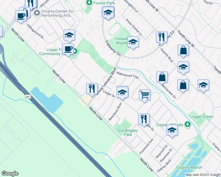 map of restaurants, bars, coffee shops, grocery stores, and more near Aston Martin Mews in Mississauga