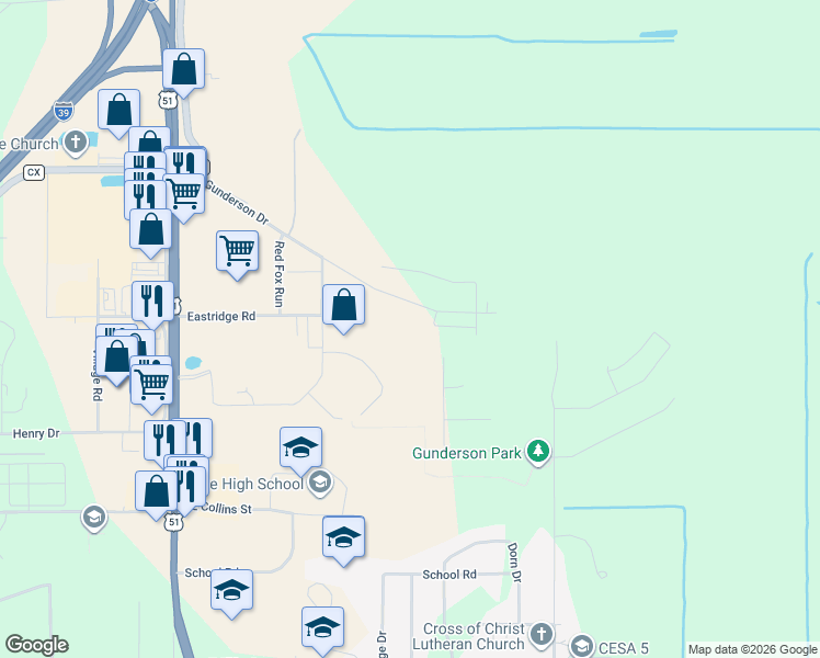 map of restaurants, bars, coffee shops, grocery stores, and more near 2916 Bluebird Drive in Portage