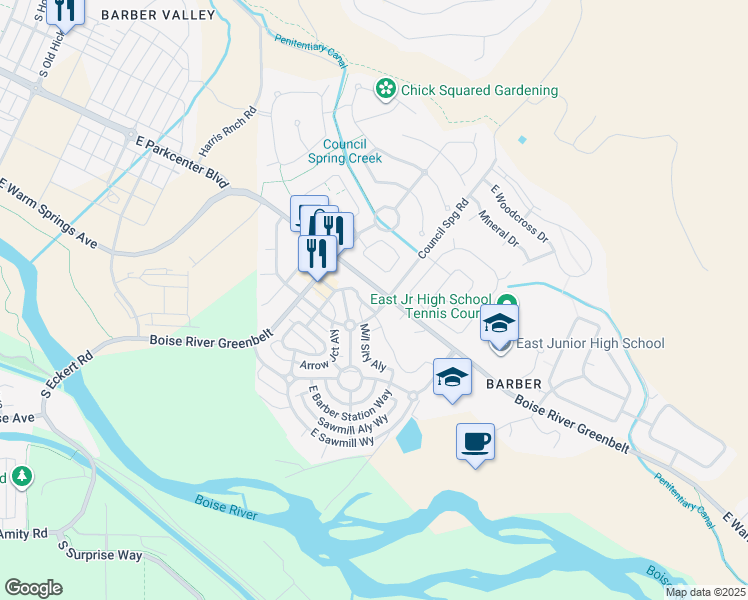 map of restaurants, bars, coffee shops, grocery stores, and more near 3711 South Council Spring Road in Boise