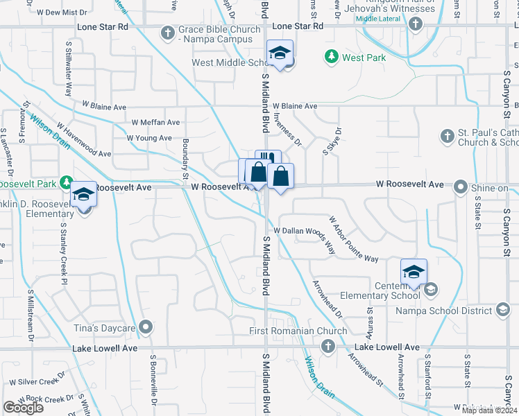 map of restaurants, bars, coffee shops, grocery stores, and more near 155 South Midland Boulevard in Nampa
