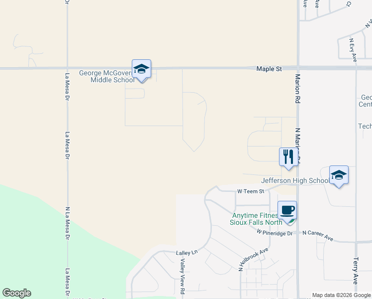 map of restaurants, bars, coffee shops, grocery stores, and more near 1643 Lalley Lane in Sioux Falls