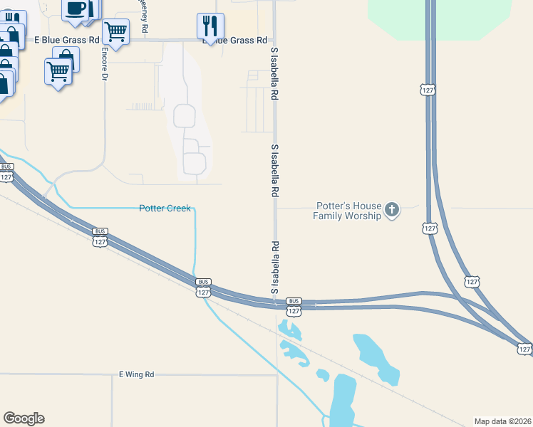 map of restaurants, bars, coffee shops, grocery stores, and more near 5000-5198 South Isabella Road in Mount Pleasant