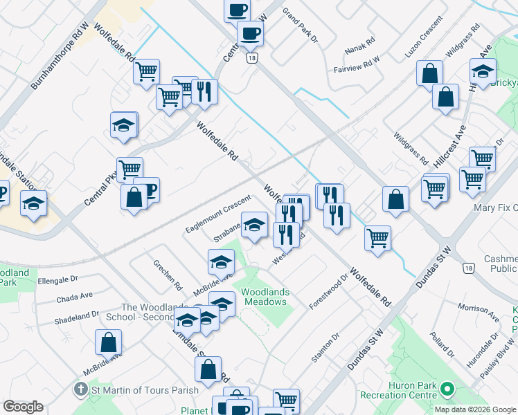 map of restaurants, bars, coffee shops, grocery stores, and more near 801 Eaglemount Crescent in Mississauga