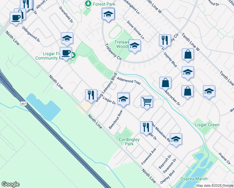 map of restaurants, bars, coffee shops, grocery stores, and more near 3871 Ponderosa Lane in Mississauga