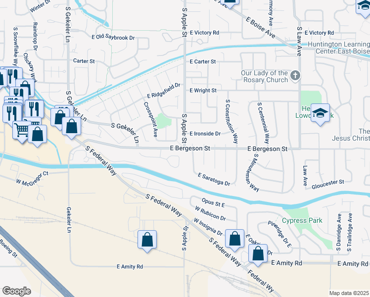 map of restaurants, bars, coffee shops, grocery stores, and more near Apple St & E Bergeson St in Boise