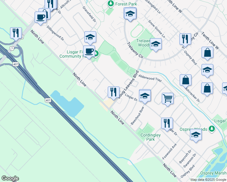 map of restaurants, bars, coffee shops, grocery stores, and more near 3546 Indigo Crescent in Mississauga