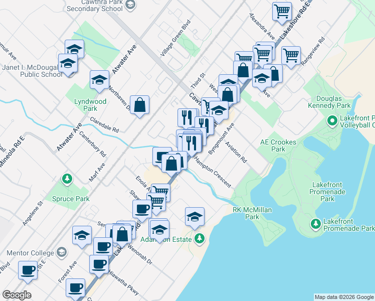 map of restaurants, bars, coffee shops, grocery stores, and more near 582 Rapids Lane in Mississauga