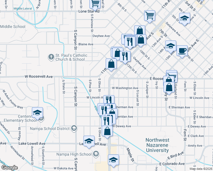 map of restaurants, bars, coffee shops, grocery stores, and more near 204 South Olive Street in Nampa