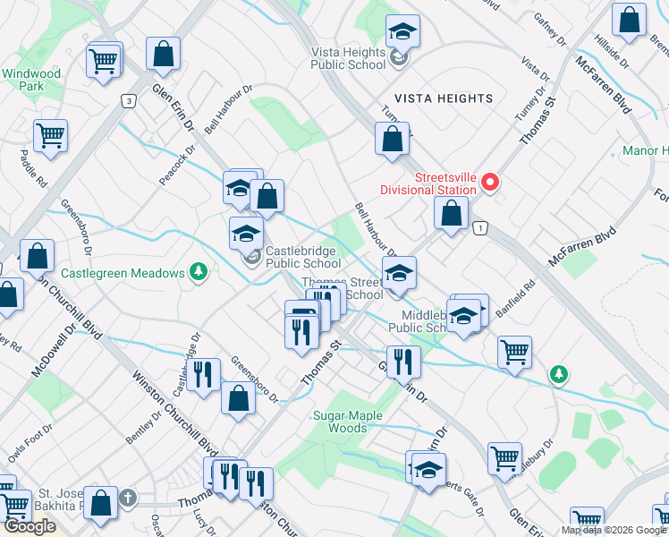 map of restaurants, bars, coffee shops, grocery stores, and more near 2665 Thomas Street in Mississauga