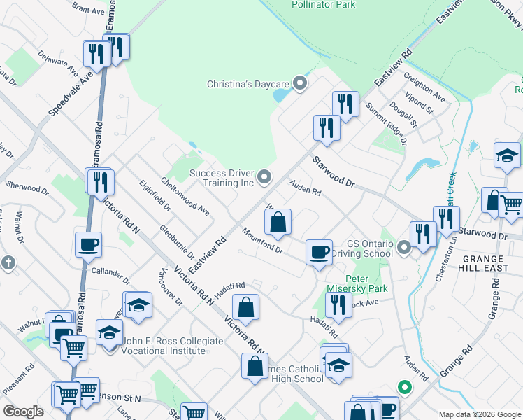 map of restaurants, bars, coffee shops, grocery stores, and more near 53 Eastview Road in Guelph