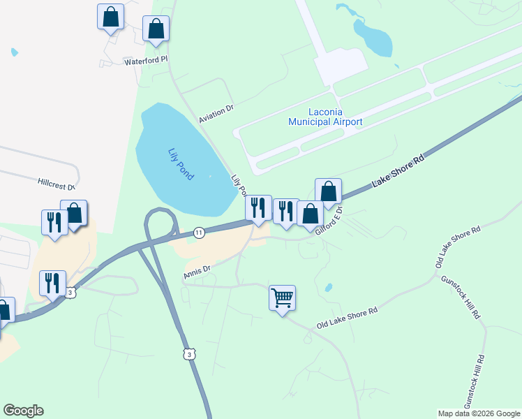 map of restaurants, bars, coffee shops, grocery stores, and more near 1 Lily Pond Road in Gilford
