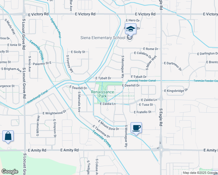 map of restaurants, bars, coffee shops, grocery stores, and more near 2595 East Deerhill Drive in Meridian