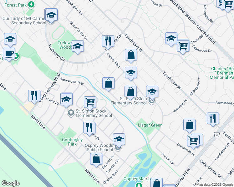 map of restaurants, bars, coffee shops, grocery stores, and more near 3372 Bobwhite Mews in Mississauga