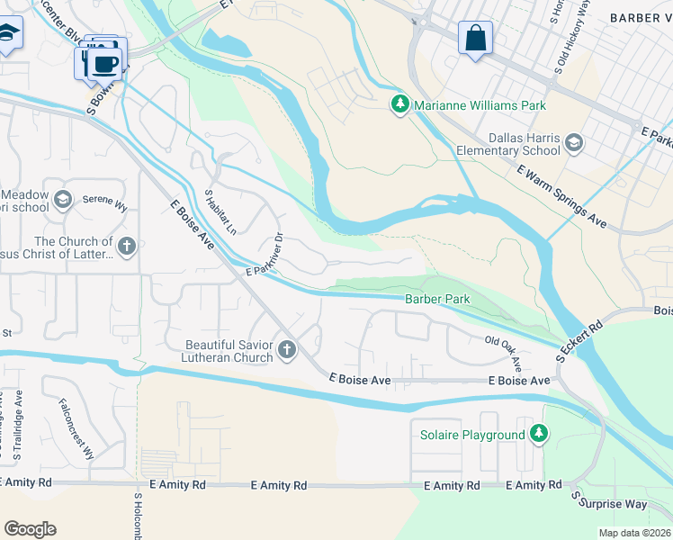 map of restaurants, bars, coffee shops, grocery stores, and more near 3227 East Rivernest Lane in Boise