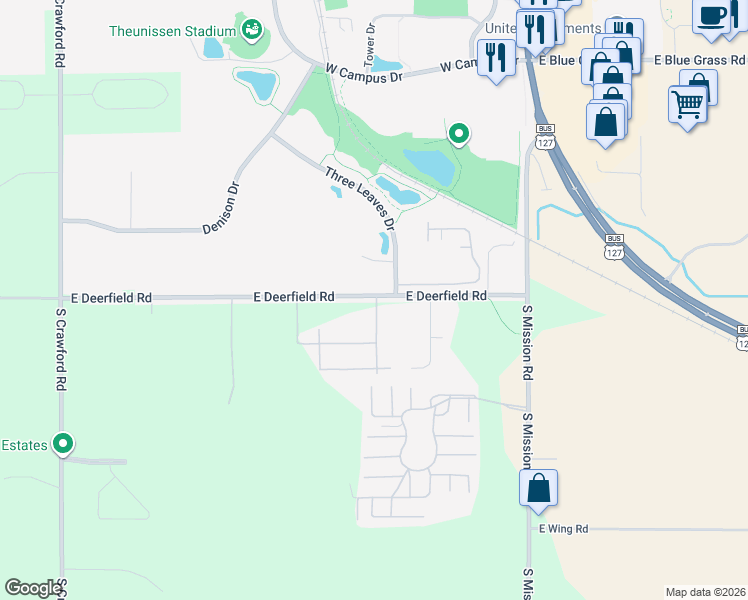map of restaurants, bars, coffee shops, grocery stores, and more near 3700 East Deerfield Road in Mount Pleasant