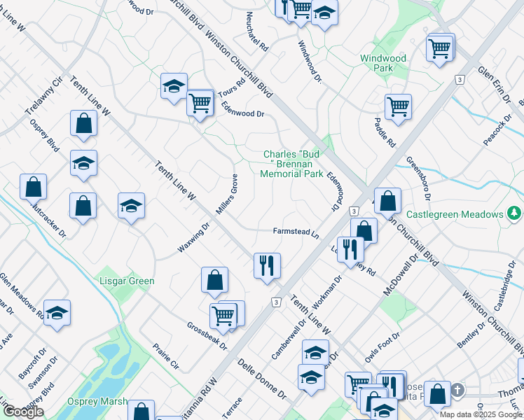 map of restaurants, bars, coffee shops, grocery stores, and more near 3150 Keynes Crescent in Mississauga