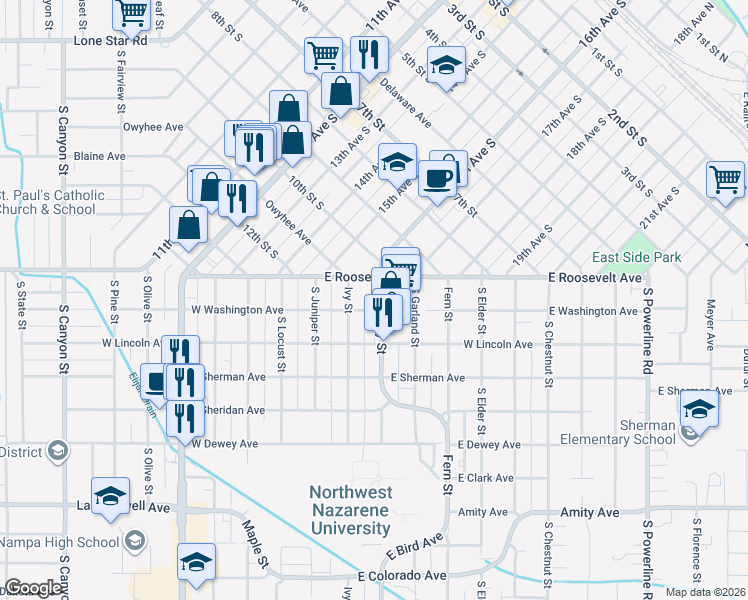 map of restaurants, bars, coffee shops, grocery stores, and more near 107 Holly Street in Nampa