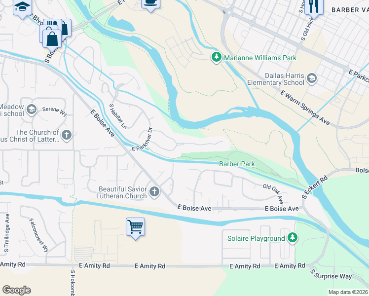 map of restaurants, bars, coffee shops, grocery stores, and more near 3227 East Rivernest Lane in Boise
