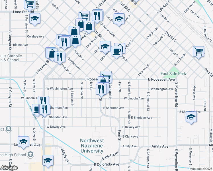 map of restaurants, bars, coffee shops, grocery stores, and more near 124 Holly Street in Nampa