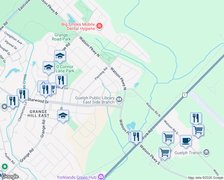 map of restaurants, bars, coffee shops, grocery stores, and more near 56 Skinner Drive in Guelph