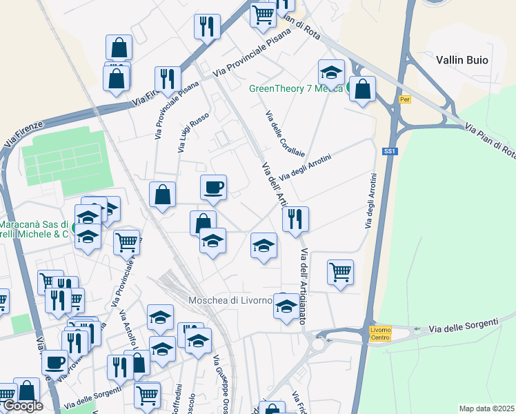 map of restaurants, bars, coffee shops, grocery stores, and more near 60 Via Aurelio Nicolodi in Livorno