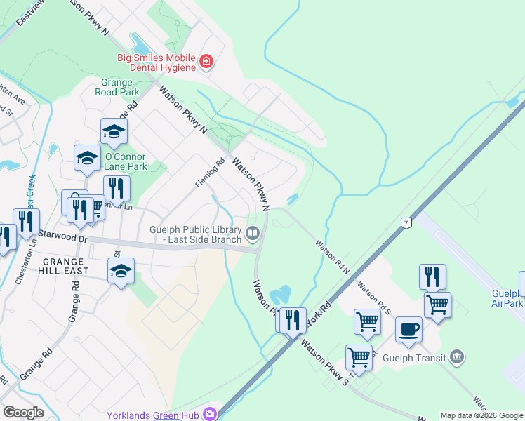 map of restaurants, bars, coffee shops, grocery stores, and more near 124 Watson Parkway North in Guelph