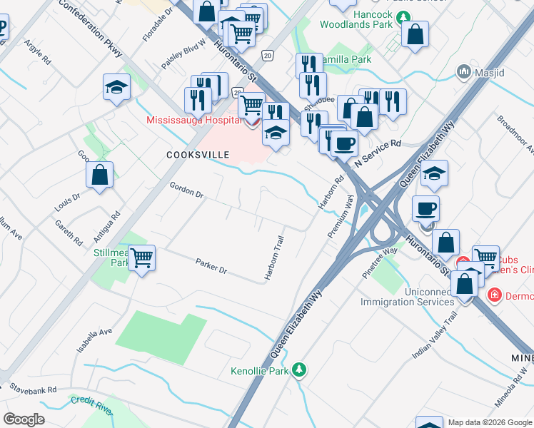 map of restaurants, bars, coffee shops, grocery stores, and more near 2123 Gordon Drive in Mississauga