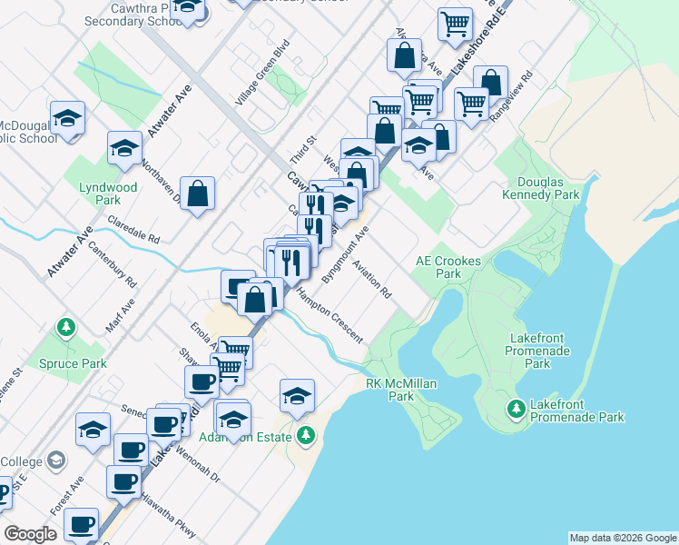 map of restaurants, bars, coffee shops, grocery stores, and more near 612 Byngmount Avenue in Mississauga