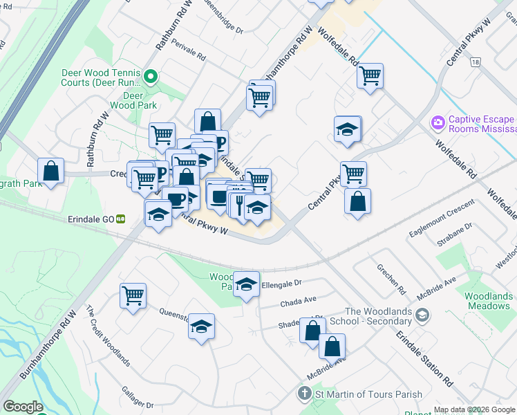 map of restaurants, bars, coffee shops, grocery stores, and more near 3558 Erindale Station Road in Mississauga