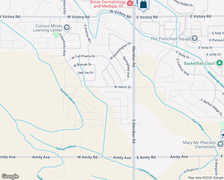 map of restaurants, bars, coffee shops, grocery stores, and more near 201-299 W Harris St in Meridian