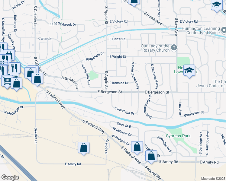 map of restaurants, bars, coffee shops, grocery stores, and more near 3839 South West Point Place in Boise
