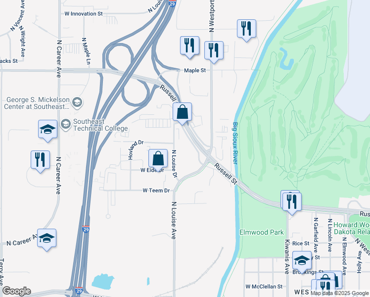 map of restaurants, bars, coffee shops, grocery stores, and more near 3101 Russell St in Sioux Falls