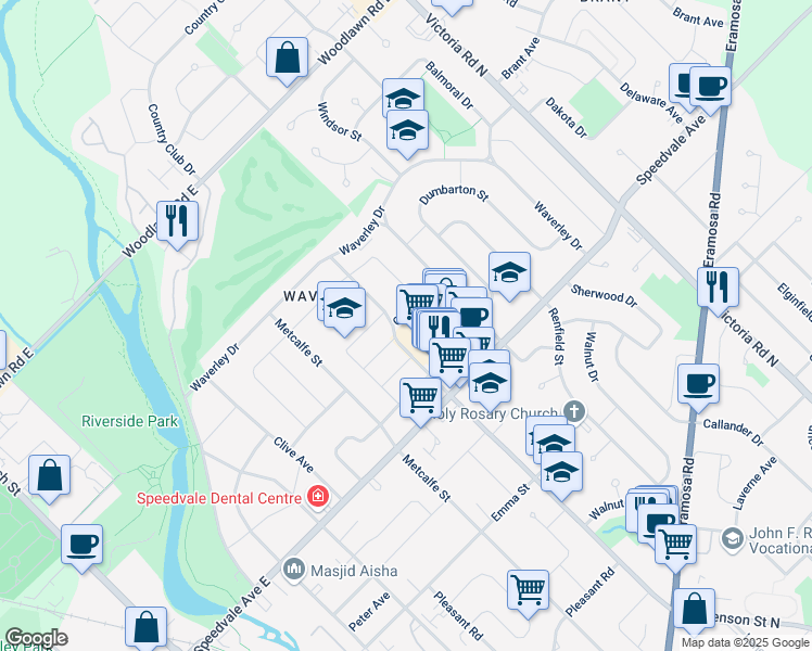map of restaurants, bars, coffee shops, grocery stores, and more near 330 Speedvale Avenue East in Guelph