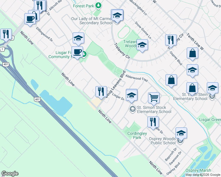 map of restaurants, bars, coffee shops, grocery stores, and more near 3895 Doug Leavens Boulevard in Mississauga