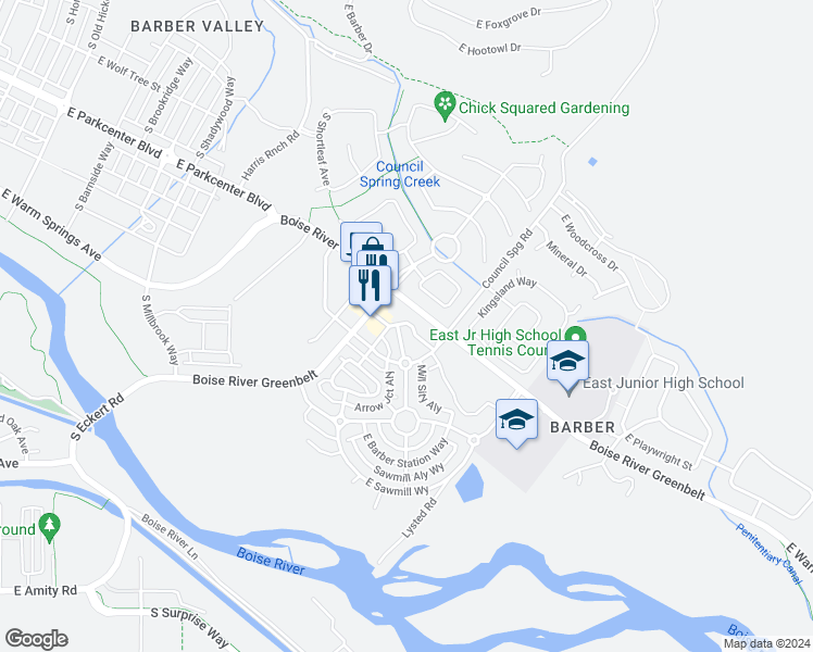 map of restaurants, bars, coffee shops, grocery stores, and more near 3006 South Mill Site Lane in Boise