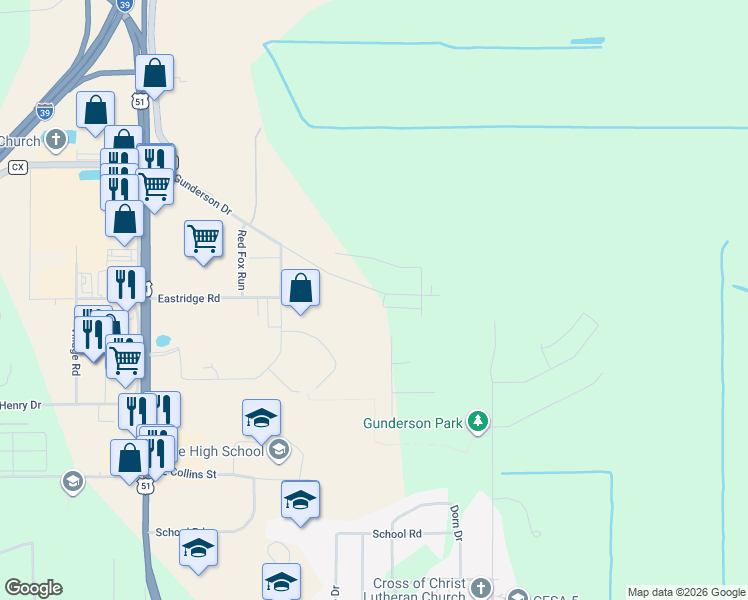 map of restaurants, bars, coffee shops, grocery stores, and more near 2916 Bluebird Drive in Portage