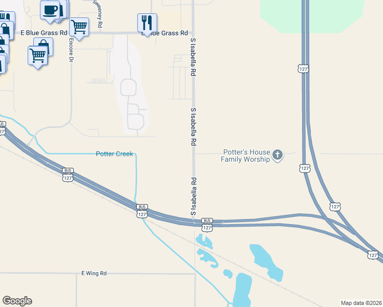 map of restaurants, bars, coffee shops, grocery stores, and more near 5000 South Isabella Road in Mount Pleasant