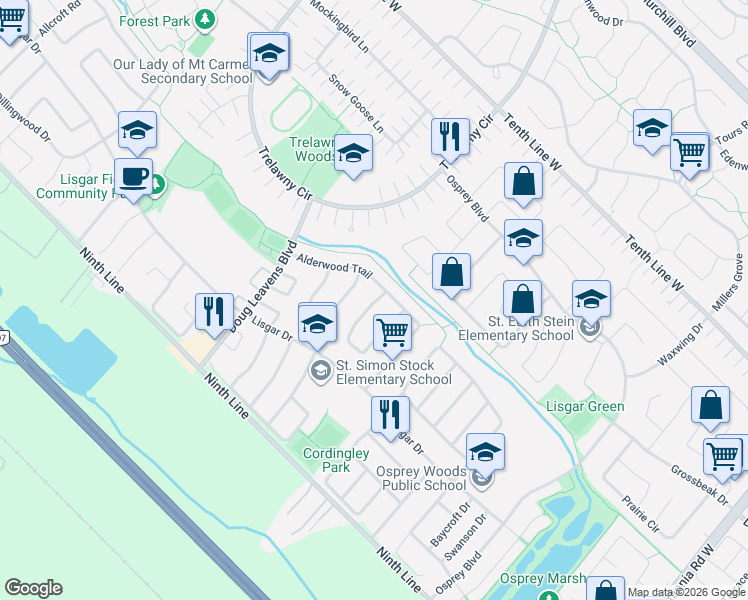 map of restaurants, bars, coffee shops, grocery stores, and more near 3932 Periwinkle Crescent in Mississauga