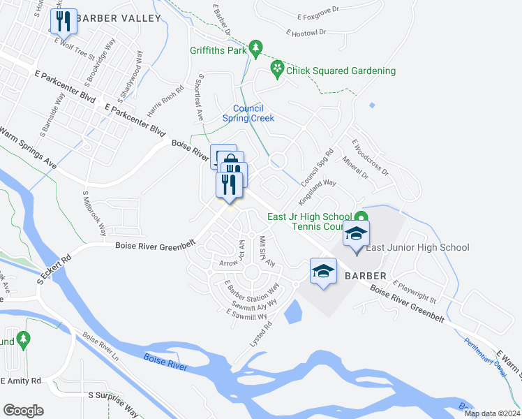 map of restaurants, bars, coffee shops, grocery stores, and more near 3831 South Council Spring Road in Boise
