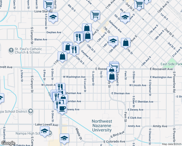 map of restaurants, bars, coffee shops, grocery stores, and more near 411 East Washington Avenue in Nampa