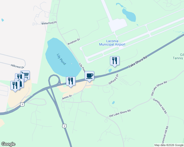 map of restaurants, bars, coffee shops, grocery stores, and more near 1 Lily Pond Road in Gilford